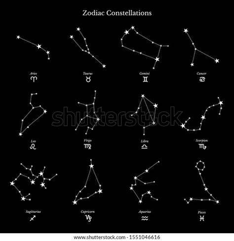 Zodiac Constellations Linear Illustrations Set Twelve Stock Vector