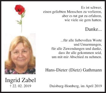 Traueranzeigen Von Ingrid Zabel Trauer In Nrw De