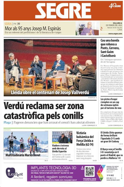 Periódico Segre España Periódicos De España Edición De Lunes 6 De Febrero De 2023