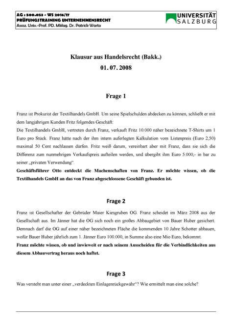 Falllösungstraining Unternehmensrecht Fall 2 Angabe und Lösung AG