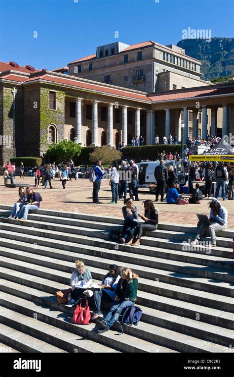 Students gathering on the stairs of the University of Cape Town campus ...