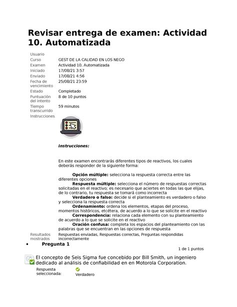 Revisar Entrega De Examen ACT 10 Gestion De La Calidad En Los Negocios