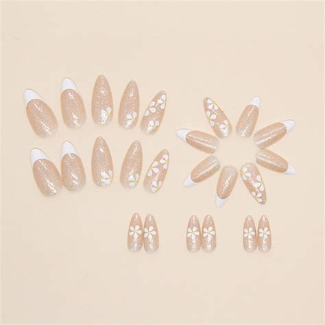 YOSOMK Nude Press On Nails Medium Almond Fake Nails With Daisy Flower