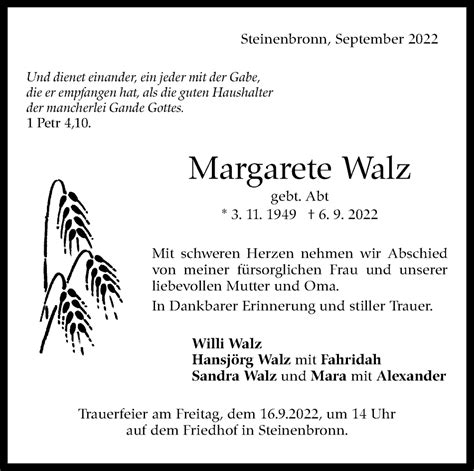 Traueranzeigen Von Margarete Walz Stuttgart Gedenkt De