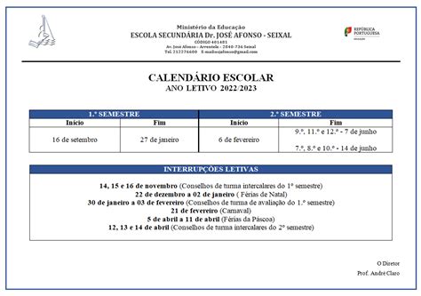 Calendário Escolar Ano Letivo 2022 2023 Escola Secundária Dr José