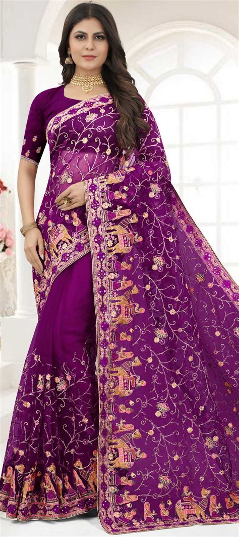 Mehendi Sangeet Reception Purple And Violet Color Net Fabric Saree