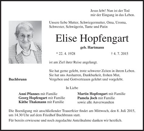 Elise Hopfengart Traueranzeige Trauer InFranken De