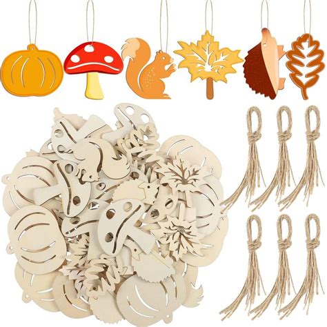 Sintuff 60 Pcs Fall Thanksgiving Unfinished Wooden Ornaments Hollow