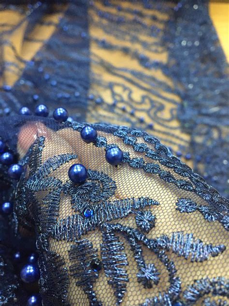 Embroidered Pearl Lace Fabric Blue Color Beaded For High Etsy