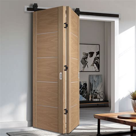 Spaceeasi Top Mounted Black Folding Track And Double Door Portici Oak