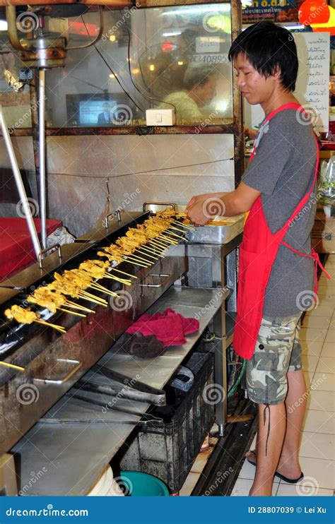 Bangkok Thailand Man Marking Chicken Satay Editorial Stock Image