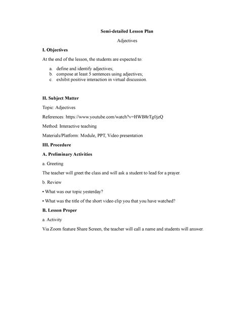 Adjectives Semi Detailed Lesson Plan Semi Detailed Lesson Plan Adjectives I Objectives At The