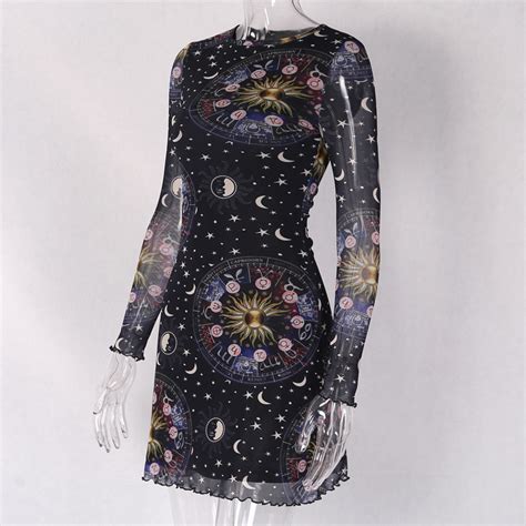 Woman Long Sleeve Mesh Dress Moon Stars Constellation Printed Mesh