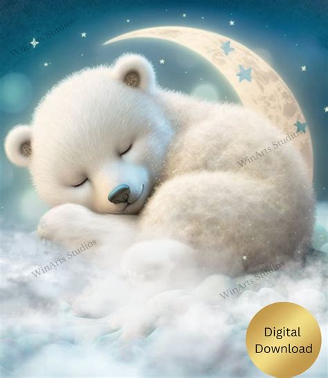 Cute Baby Bear Sleeping On Moon Nursery Art Printable Digital Instant