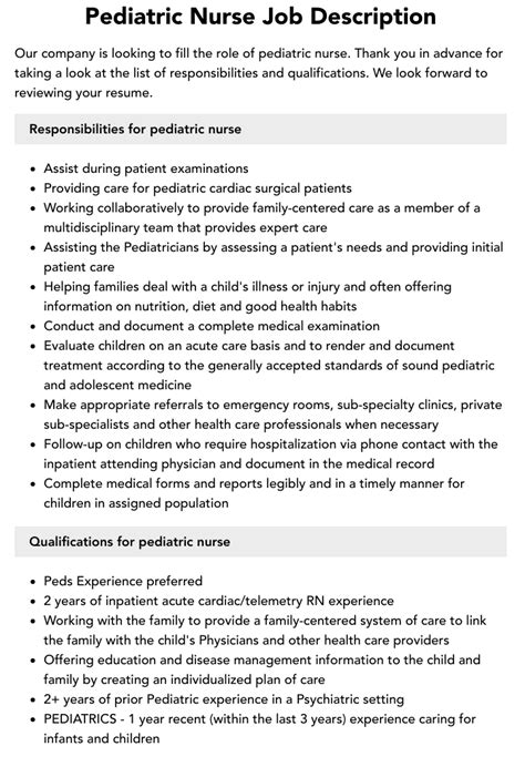 Pediatric Nurse Job Description Velvet Jobs