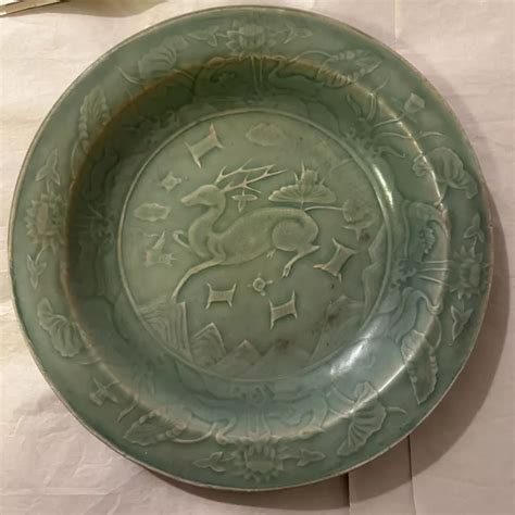 Chinese Celadon Glazed Porcelain Deer And Lotus Pattern Plate