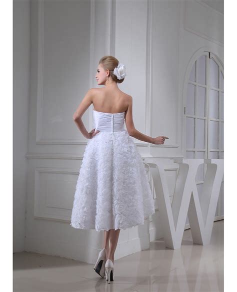 Strapless Tea Length Wedding Dresses A Line Tulle Style With Flowers