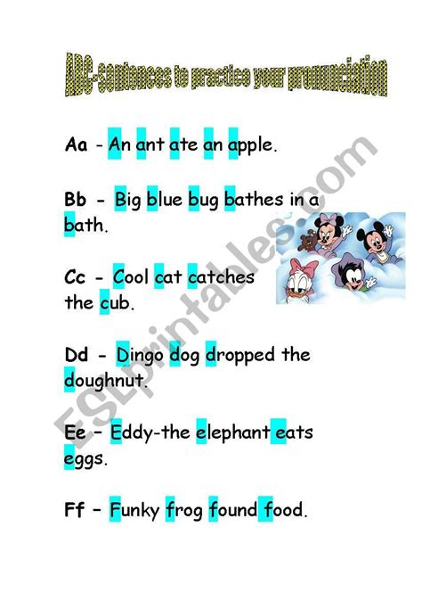 English Worksheets Abc Sentences To Practice Pronunciation