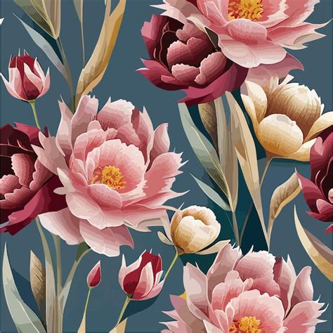 Premium Vector Seamless Floral Pattern With Garden Pink Peony Flowers Leaves Branches Botanic