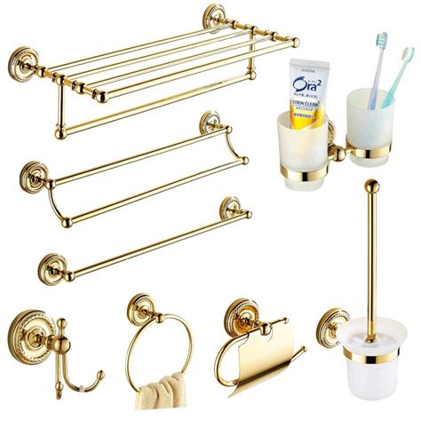 Europe Antique Gold Bathroom Accessories Set Solid Brass Hardware Round