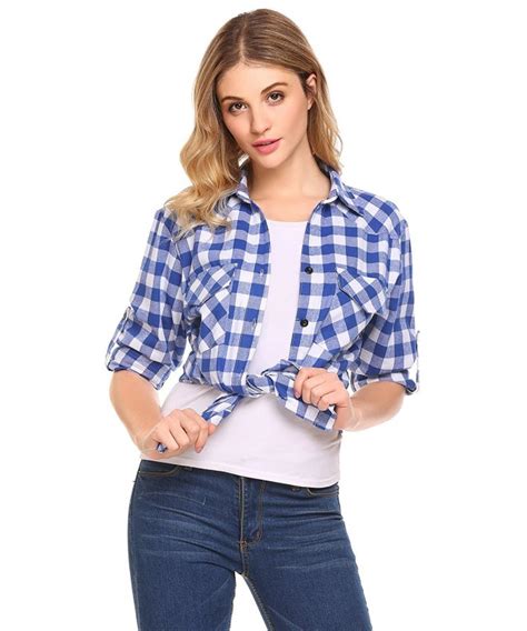 Women Casual Cuffed Long Sleeve Tops Loose Boyfriend Plaid Button Down Flannel Shirt Sky Blue