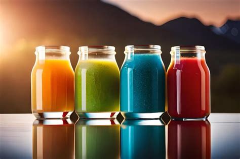 Una Fila De Botellas De Jugo De Diferentes Colores Foto Premium