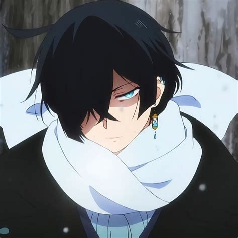 An Anime Character With Black Hair And Blue Eyes Wearing A White Scarf