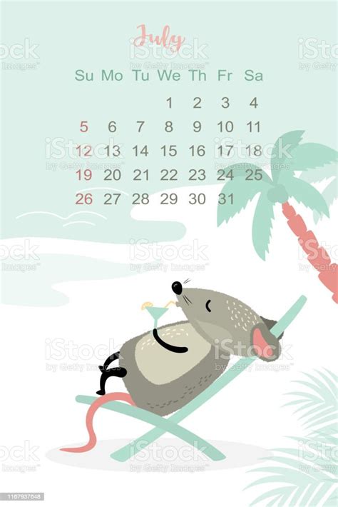 Juli Bulan 2020 Desain Template Kalender 2020 Dengan Tikus Lucu Dan