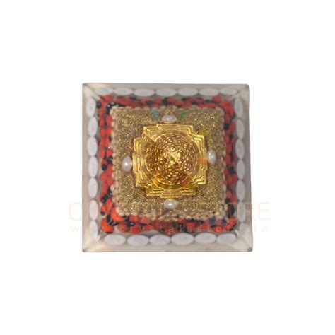 Shree Yantra Orgonite Pyramid Red White Chirmi Seeds Wealth