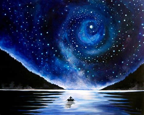 Rowboat Under The Stars Landscape Painting Canvas Print Moons And Stars Sky Painting