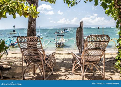 Couple Wooden Chair Near The Beach Tropical Bali Island Indonesia