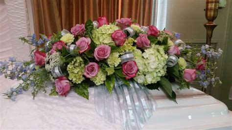 Elegant Casket Spray With Lavender Roses Green Hydrangeas Blue