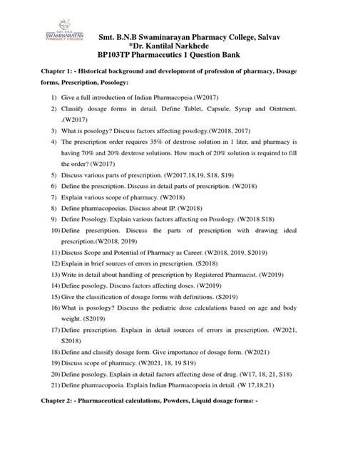 Smt B N B Swaminarayan Pharmacy College Salvav Dr Kantilal Narkhede Bp103tp Pharmaceutics 1