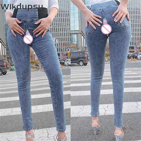 Outdoor Sex Jeans Pants For Women Hidden Zipper Secret Public Hot Sexy Open Croch Buttock High