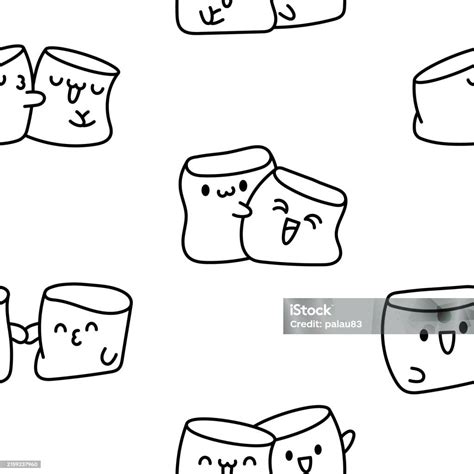 Kawaii Marshmallow Cute Face Character Seamless Pattern Coloring Page