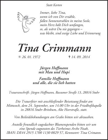 Traueranzeigen Von Tina Crimmann Trauer Gedenken