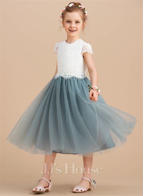 A Line Scoop Tea Length Lace Tulle Flower Girl Dress 010164718 Jjs