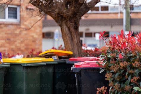 Image Of Collection Of Rubbish And Recycling Bins Behind Shops On