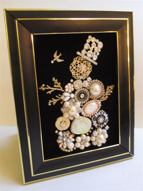 Jeweled Framed Jewelry Art Snowman Vintage Black Gold Etsy