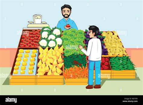 A Vector Illustration Of Boy Buying Vegetables And Fruits At Farmers