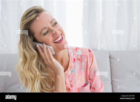 Pretty Happy Blonde Phoning With Mobile Phone Stock Photo Alamy