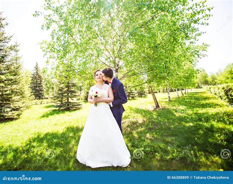 Pares Hermosos De La Boda En Parque Besan Y Se Abrazan Imagen De