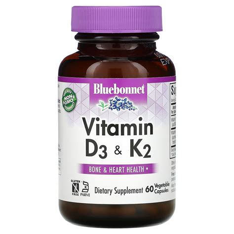 Bluebonnet Nutrition, вітаміни D3 і К2, 60 вегетаріанських капсул
