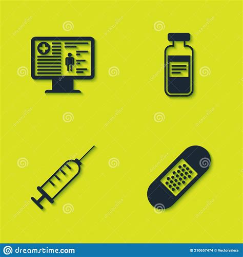 Set Clinical Record On Monitor Bandage Plaster Syringe And Medical