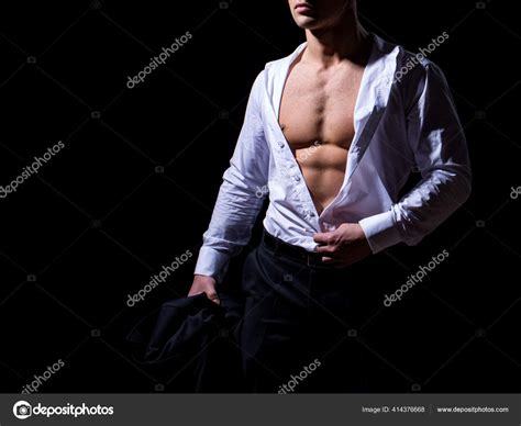 Health Mens Concept Macho Undress White Tshirt And Demonstrates Abs