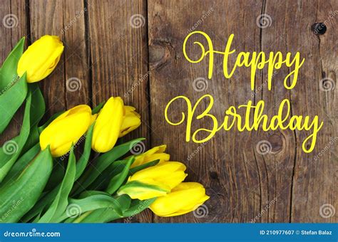 Happy Birthday Text With Fresh Yellow Tulips On Wooden Vintage Rustic