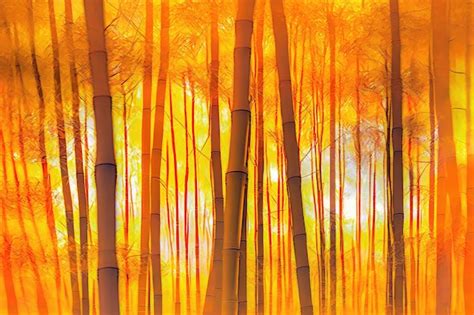 Premium AI Image | Bamboo forest at sunrise with orange and yellow hues