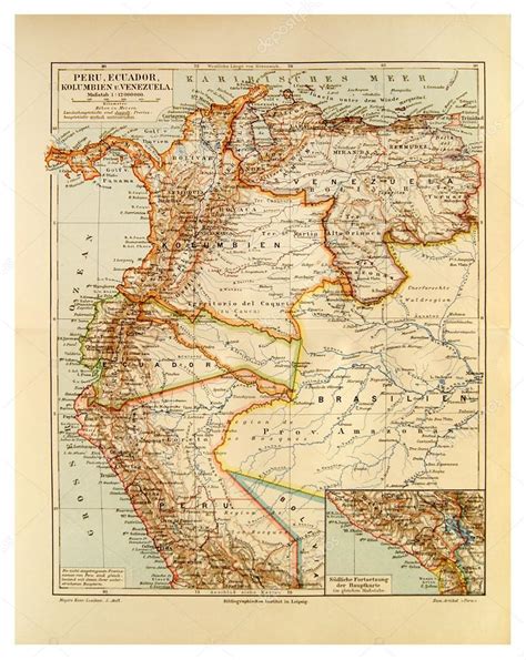 Old map of Peru, Ecuador, Colombia and Venezuela Stock Photo by ©V ...