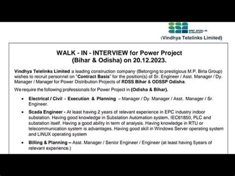 Vindhya Telelinks Limited Walk In Interview Multiple Department