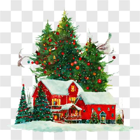 Download Festive Winter Scene With Red House And Snow Covered Trees Png Online Creative Fabrica